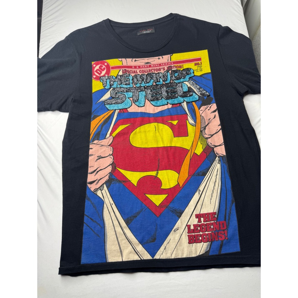 Zara Man DC Comics Superman The Man of Steel Beaded Graphic T-Shirt Black Medium